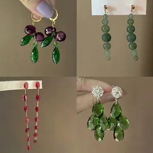 Vintage Alloy Rhinestone Drop Earrings For Women Elegant Emerald Green Crystal Flower Heart Shape Jewelry With 925 Silver Post