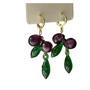 Vintage purple and green crystal grape cluster drop earrings with gold hoops