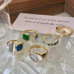 Anillo Abierto Geométrico de Esmalte Retro para Mujer Estilo Vintage de Hong Kong Aleación Diamante de Imitación Esmalte Anillo Ajustable