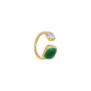 Anillo abierto geométrico vintage minimalista con piedras de esmalte verde y blanco oro