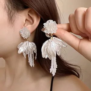 French Elegant Flower Petal Crystal Tassel Earrings Exquisite White Acrylic Bead 925 Sterling Silver Post Long Drop Earrings For Women