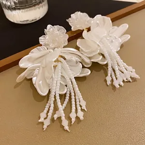 French style elegant white flower petal tassel earrings with silver needle ear posts for women