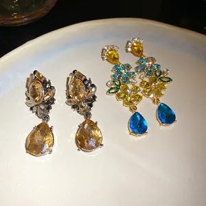 Poste de Pendiente de Plata de Ley 925 Strass Flor Gota de Agua Borla Pendientes Lujo Ligero Moda Joyería de Gota Larga