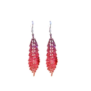 Elegant red rhinestone feather fringe dangle earrings with silver hooks for women