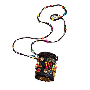 Bohemian ethnic style coconut shell necklace with colorful beads and long brown cord