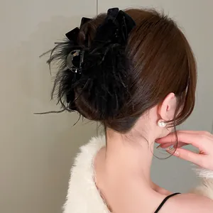 Elegante Molletta per Capelli a Fiocco Con Decorazione in Piume e Strass Pince a Artiglio in Acrilico Nero per Donna Accessori Capelli Moda