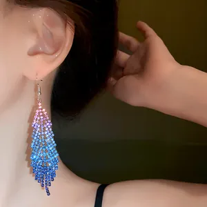 Elegant long dangling blue and pink gradient rhinestone tassel earrings for stylish women