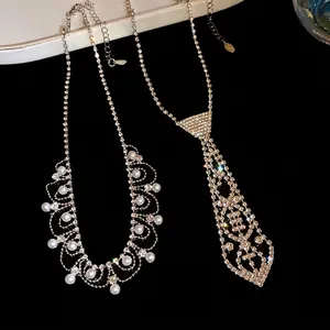 French Vintage Copper Rhinestone Tie Shaped Tassel Pendant Necklace For Women Elegant Fashion Artificial Pearl Choker Jewelry