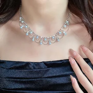 Elegant French vintage pearl and rhinestone fringe necklace for women's fashion jewelry.