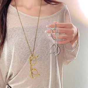 Retro Alloy Glasses Shape Pendant Necklace For Women Fashion Minimalist Geometric Sweater Chain Gold Silver Jewelry Gift