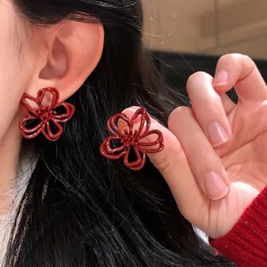 Vintage Hollow Red Flower Flocked Stud Earrings With Silver Earring Post For Women Elegant Jewelry Gift