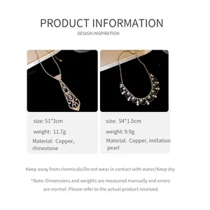 Product info card for rhinestone tie necklace and pearl fringe necklace details