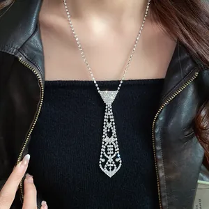 Elegant rhinestone tie-shaped pendant necklace with sparkling geometric fringe detail