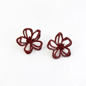 Elegant retro hollow-out dark red flower stud earrings with minimalist design for women