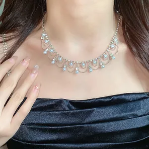 Detailed close-up view of French retro silver necklace with light blue pearls and diamonds