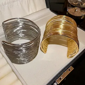 Stylish multi-layer metal wire open cuff bracelets in gold and silver finishes
