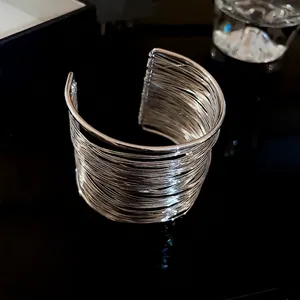 Modern multi-layer silver wire open cuff bracelet with exaggerated niche style design