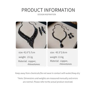 Detailansicht eines schwarzen Strass-Halsketten- und Ohrring-Sets mit Produktdaten