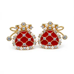 Elegant gold-plated New Year fortune bag stud earrings with pearls and zirconia stones