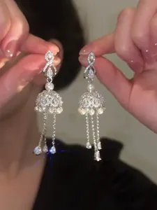 French style silver needle tassel earrings with sparkling diamonds and elegant pearls