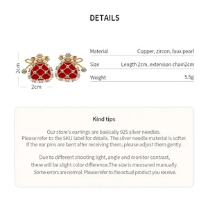 Detailed product specifications for red enamel lucky bag earrings with pearls and zircons