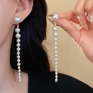 French Vintage Long Artificial Pearl Tassel Drop Earrings For Women Gold Plated Copper With 925 Sterling Silver Earring Post