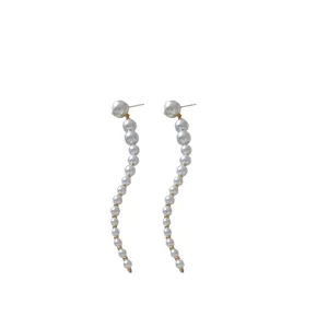 Elegant silver needle S-shaped long pearl tassel drop earrings in vintage French style