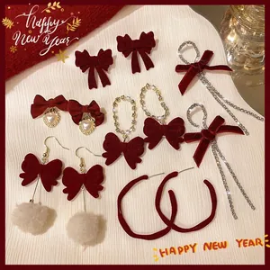 Vintage Red Bowknot Tassel Earrings For Women 925 Sterling Silver Earring Post Alloy Rhinestone Heart Festive Drop Earrings