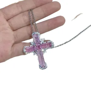 Pink zircon cross pendant necklace with silver chain for women, hip hop style