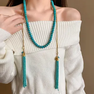 Collier Long à Glands en Perles Bohème pour Femmes Vintage Turquoise Synthétique Perles de Rocaille Alliage Strass Chaîne de Pull Bijoux