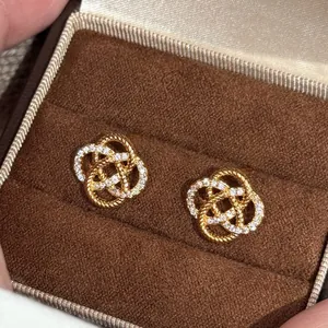 Copper Zirconia Flower Stud Earrings With Silver Earring Post Elegant Hollow Design Sweet Fashion Jewelry For Women Gift