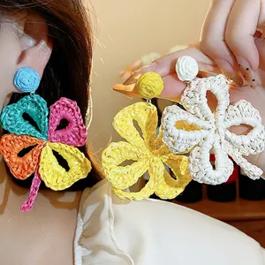 Handmade Raffia Woven Large Flower Earrings with 925 Sterling Silver Post Resort Style Bohemian Floral Jewelry for Women