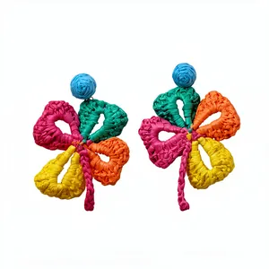 Colorful handmade raffia woven flower earrings with silver needles for summer vacation style