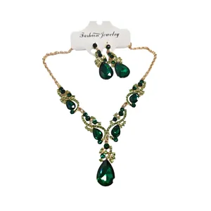 Elegant emerald green water drop rhinestone necklace and earrings jewelry set for women
