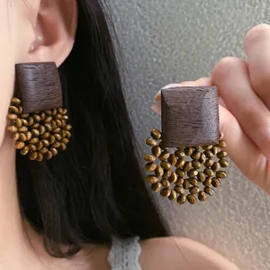 Bohemian retro square wood stud earrings with beaded circular hoop design for women