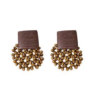 Bohemian square beaded drop earrings with silver needle and vintage wood texture