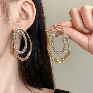 Pendientes de Aro Doble Anillo Ovalado Irregular Lujo Occidental Incrustado Strass Joyería Oro Con Poste de Plata 925