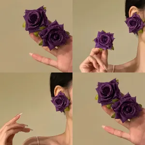 Fashion Fabric Simulation Rose Flower Stud Earrings With Silver Earring Post For Women Elegant Floral Jewelry Gift