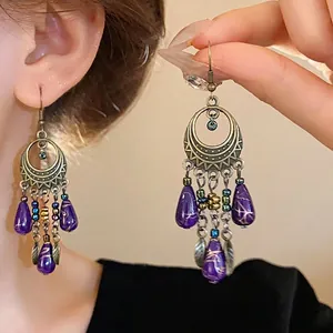 Orecchini pendenti etnici vintage in bronzo con ciondoli a goccia viola