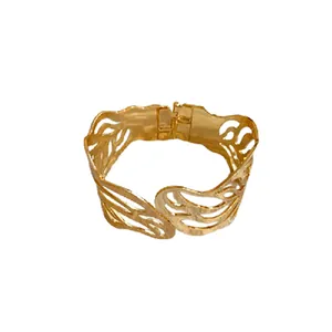 Elegant gold plated metal leaf cutout open cuff bangle bracelet for women fashion jewelry