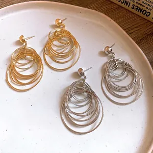 Vintage Iron Geometric Multi-Layer Circular Drop Earrings With Steel Earring Post Fashion Commuting Jewelry For Women