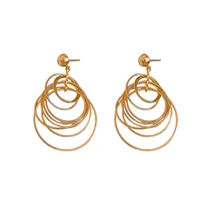Multilayer geometric gold hoop earrings with steel needles for women
