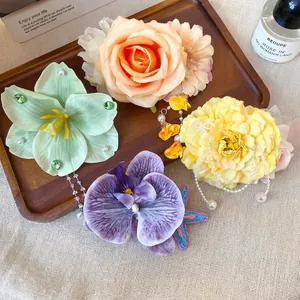 Sweet Fabric Flower Tassel Hair Clip For Women Holiday Style Artificial Pearl Rhinestone Duckbill Clip Fresh Handmade Hair Accessories