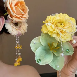 Bohemian sweet fabric flower hair clip with elegant long pearl tassels for women