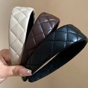 Vintage Padded Artificial Leather Headband For Women Quilted Lattice Pattern High Skull Top Fashion Hair Hoop Accessory