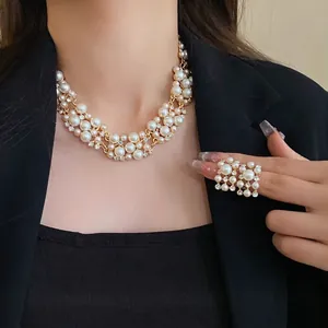 Vintage French faux pearl and rhinestone necklace and ring jewelry set for women