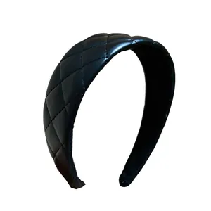 Elegant black quilted leather padded headband for women, vintage style high top hair hoop
