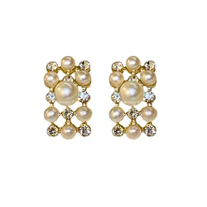 Elegant vintage-style geometric gold stud earrings with pearls and shimmering rhinestones