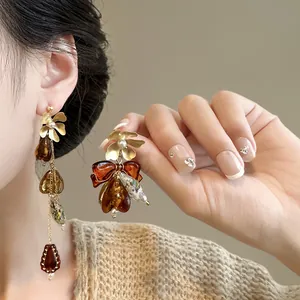Vintage Asymmetric Flower Bow Drop Earrings Alloy Artificial Pearl Resin Tassel Earrings With 925 Sterling Silver Earring Post For Women