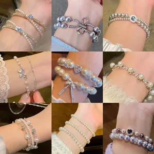 Korean Style Pink White Freshwater Pearl Bracelet For Women Luxury Elegant Alloy Rhinestone Adjustable Hand Jewelry Fashion Gift